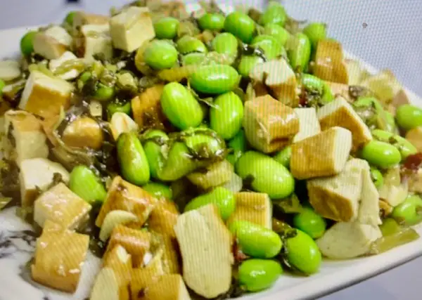Edamame with Diced Tofu and Pickled Greens
